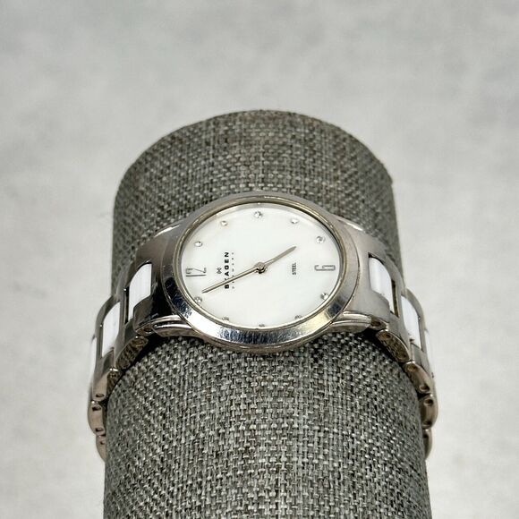 Skagen Watch Womens 30mm MOP Dial Steel White Silver Tone 6" Quartz New Battery - Picture 2 of 11